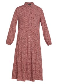 Långärmad klänning i rosa med svarta prickar, knäppning fram, krage och flerlagersdesign, i mjuk och lätt vikt.