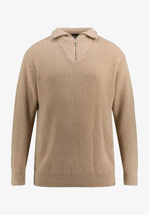 Beiger Strickpullover mit einem halben Reißverschluss, gerippter Textur und langen Ärmeln. Verfügt über einen seitlichen Saum und subtile vertikale Muster.