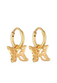 Guldtonade hoopsmycken med fjärilspärlor och utskärningar. Tillverkade av metall, de har en polerad yta och cirkulär form.