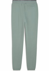 Pantalones jogger verde claro con una cinturilla acanalada, piernas ajustadas y un bolsillo trasero. Textura suave y lisa con puños elásticos.