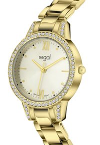 Goldfarbene Uhr mit rundem Ziffernblatt, weißem Zifferblatt, goldenen Stundenmarkierungen und funkeltenden Kristallen um die Lünette. Design mit Metallgliedarmband.