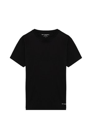T-shirt in cotone nero con scollatura rotonda classica, maniche corte e orlo dritto. Presenta un piccolo logo sul lato sinistro in basso.