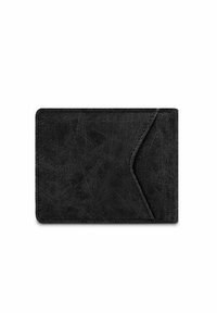 Černá kožená peněženka s texturovaným povrchem, která má jednoduchý, elegantní design a šikmou přihrádku na karty na jedné straně.