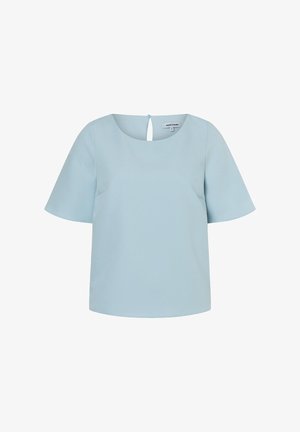 Light blue short-sleeve blouse with round neckline and small button closure at back, labeled "More & More," size XS.