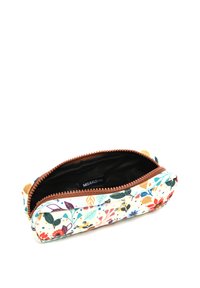 Floral-patterned pencil case with a cream background, zip closure, and brown accents. Textured surface; black interior lining.