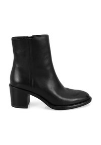 Schwarze Leder-Stiefelette mit runder Zehenform, strukturiertem Finish und blockähnlichem Absatz. Nahtdetails an der Seite.