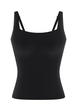 Czarny dopasowany damski top bez rękawów z szerokim kwadratowym dekoltem i podwójnymi cienkimi regulowanymi ramiączkami.