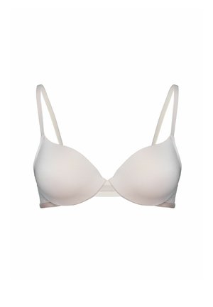 Light beige padded bra with underwire and adjustable thin shoulder straps on a white background.