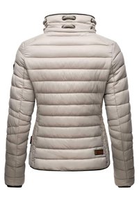 Light beige puffer jacket featuring a high collar, vertical quilted design, and dark accents at the hem. Includes two ropes at the collar.