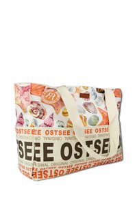 Canvas draagtas met een schelpafbeelding in roze, oranje en blauw. De onderkant heeft "OSTSEE" in vetgedrukte bruine en oranje tekst.
