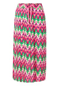 Jupe plissée arborant un motif zigzag vibrant en rose, vert et crème. Taille élastique avec cordon de serrage pour un ajustement réglable.