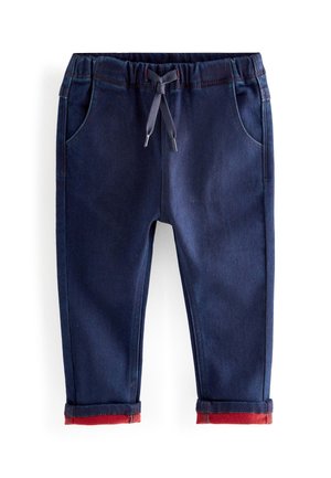 Pantalon bleu marine pour tout-petit avec taille élastique, cordon de serrage, poches avant et doublure intérieure rouge sur les revers pliés aux chevilles.