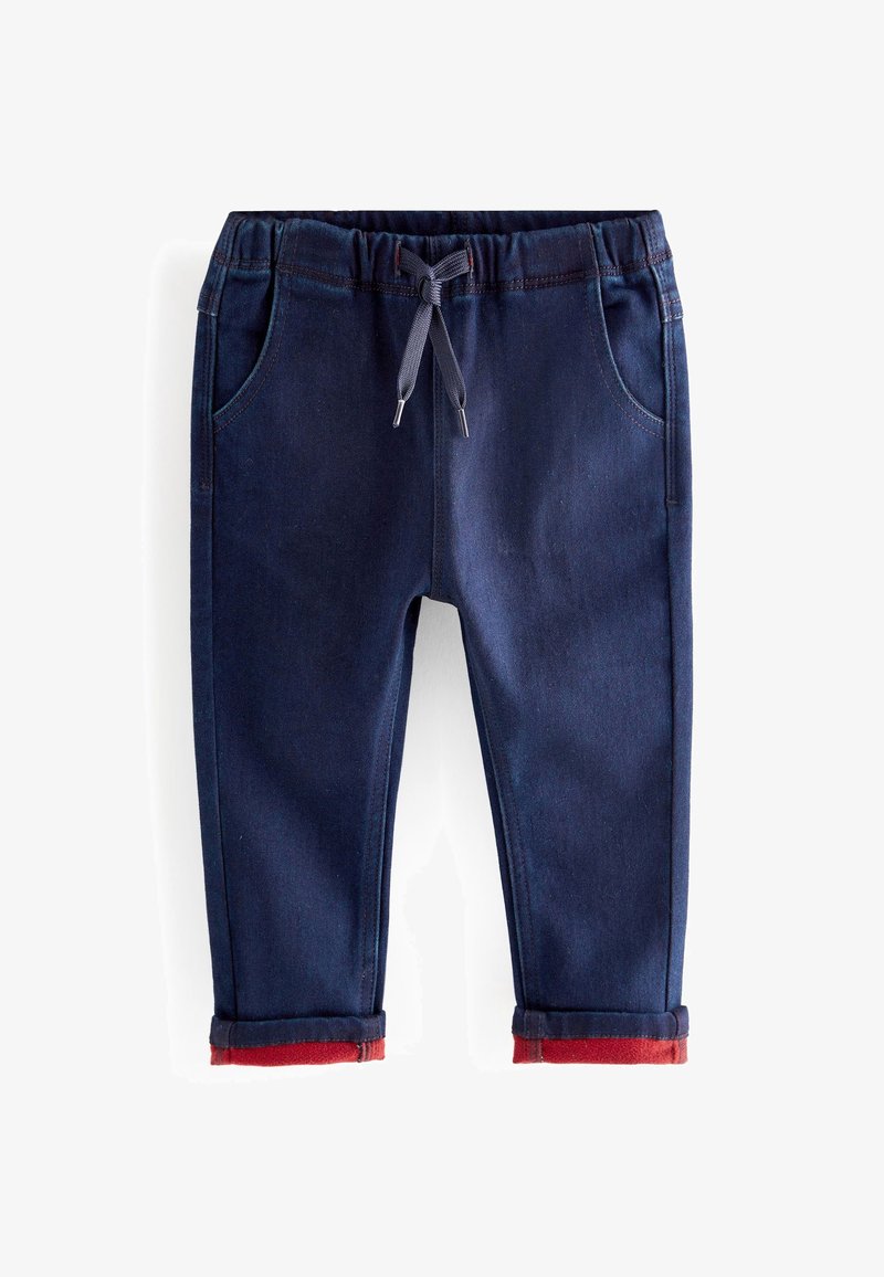 Pantalon bleu marine pour tout-petit avec taille élastique, cordon de serrage, poches avant et doublure intérieure rouge sur les revers pliés aux chevilles.