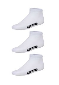 Calze alla caviglia bianche realizzate in tessuto misto cotone, con il logo nero "LOTTO" sul lato. Tre paia impilati verticalmente.