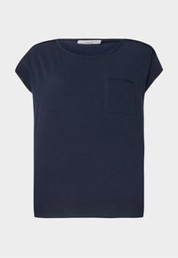 T-shirt à manches courtes bleu marine en tissu léger. Dispose d'une poche unique sur le côté gauche et d'un design à coupe décontractée.