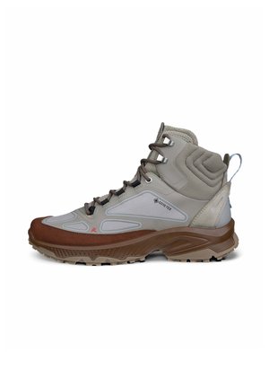 Light brown and gray high-top hiking boot with Gore-Tex fabric, padded ankle, rugged sole, and lace-up closure.