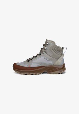Lichtbruine en grijze hoge wandelschoen met Gore-Tex stof, gewatteerde enkels, robuuste zool en vetersluiting.