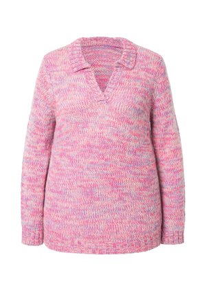 Sweter z dzianiny, różowo-fioletowy melanż, dekolt w serek, długie rękawy, ściągacz na dole i przy mankietach, miękka mieszanka wełny.