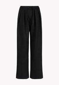 Zwarte sweatpants met een brede pijp, gemaakt van zachte stof, met een trekkoord in de taille, plooien en een gladde textuur. Geen zichtbare patronen of accenten.