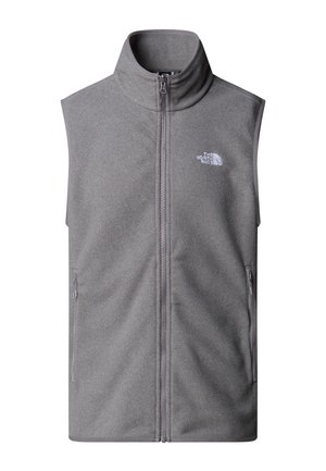 Gray fleece vest featuring a high collar, front zipper, and side pockets. A small white logo is positioned on the upper left chest.