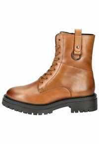 Bottine en cuir marron avec lacets à l'avant, bout rond et semelle en caoutchouc. Présente une boucle latérale et des accents texturés sur le dessus.