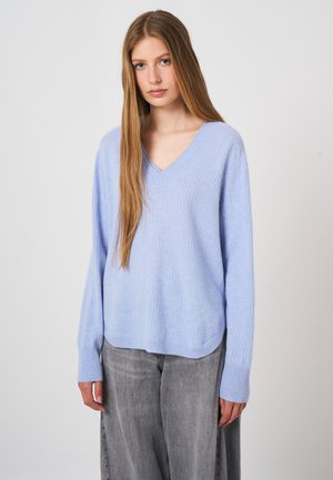 Junge Frau mit langen, glatten Haaren, die einen hellblauen V-Ausschnittpullover und graue Hosen trägt, steht vor einem schlichten hellen Hintergrund.