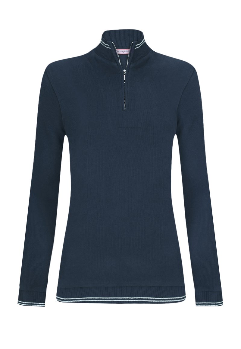 Pullover blu navy con collo mezzo zip, maniche lunghe, polsini a coste e dettagli a strisce bianche a contrasto sul colletto e sull'orlo.