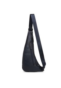 Navy leren schoudertas met een slank, asymmetrisch ontwerp, een ritsvak en een gestructureerde strap met reliëf merkletters.
