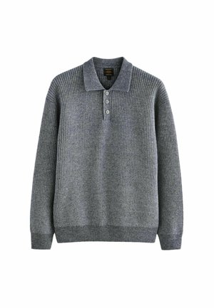 Grå, ribbet striktrøje med krave og tre-knap lukning. Lange ærmer og struktureret stof. Casual design.