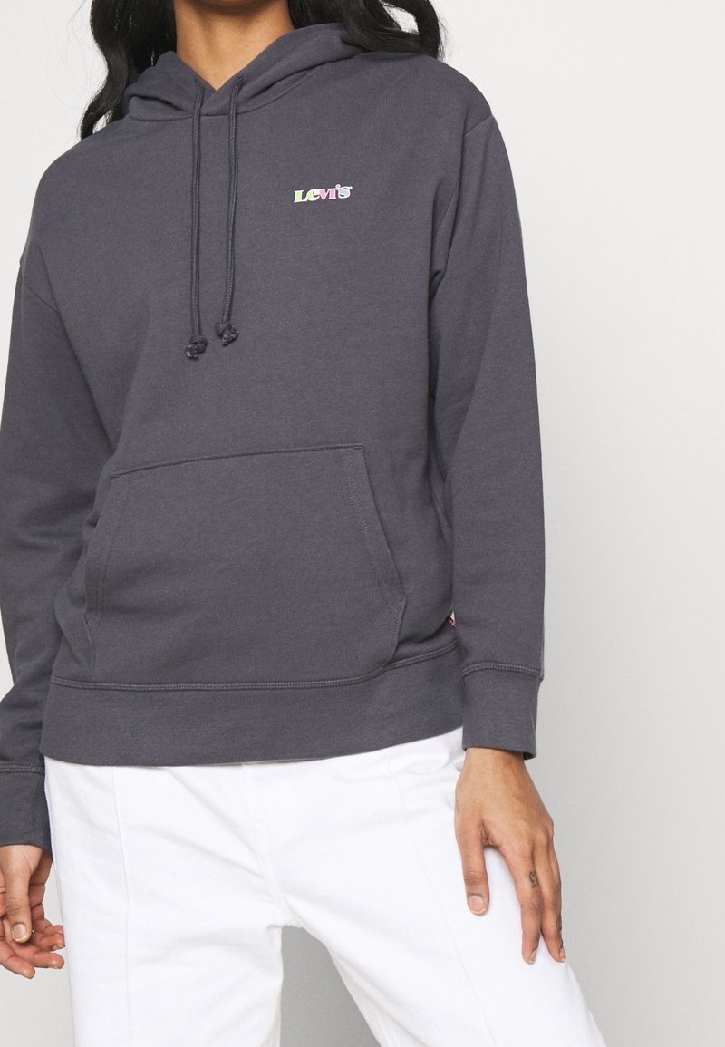 Felpa grigia in cotone, con tasca a marsupio, cappuccio con cordino e un logo "Levi’s" multicolore sul petto.