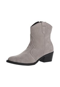 Šedé suede kotníkové boty s špičatou špičkou, detailním zigzagovým prošíváním a nízkým stohovaným podpatkem. Boční zip usnadňuje obouvání.