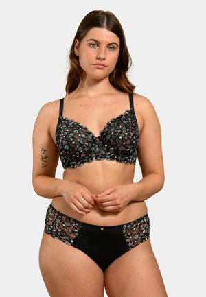 Soutien-gorge en dentelle noire et culotte assortie avec un motif de feuilles dans des nuances de rose et de bleu, avec des bords festonnés et un petit détail d'accent.