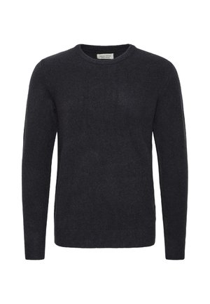 Tumši pelēks vilnas džemperis ar apaļu kakla izgriezumu un garām piedurknēm. Audums izskatās mīksts un gluds, ar ribotām maliņām.