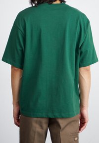 Zelené bavlněné tričko s uvolněným střihem, kulatým výstřihem a krátkými rukávy. Hladká textura a minimalistický design. Bez viditelných vzorů nebo akcentů.