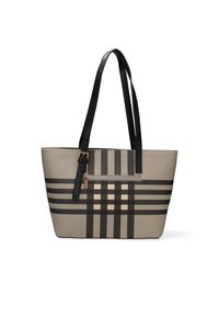 Borsa tote beige con righe nere orizzontali e verticali, dotata di due manici neri, una tasca con zip e una texture liscia simile alla pelle.