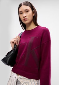 Sarkanbrūns džemperis ar lielu CK logotipu tumšākā tonī, ribota kakla izgriezuma un apakšmalas. Melna soma karājas uz pleca.