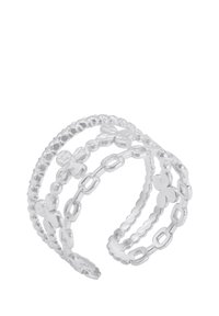 Klare plastikkeringsett med tre ringer: én med perler, én med blomsterformer, og én med sammenkoblede ovaler, alle med en blank finish.