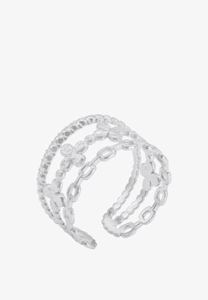 Duidelijke plastic ringenset met drie banden: één met kralen, één met bloemenvormen en één met gelinkte ovalen, allemaal met een glanzende afwerking.