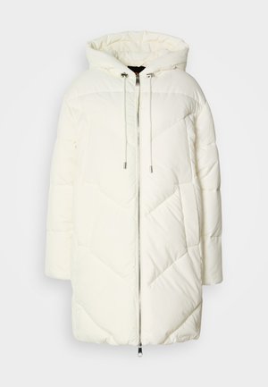 White puffer jacket with a hood, featuring a quilted diamond pattern, front zipper closure, and drawstrings. Smooth texture and relaxed fit.