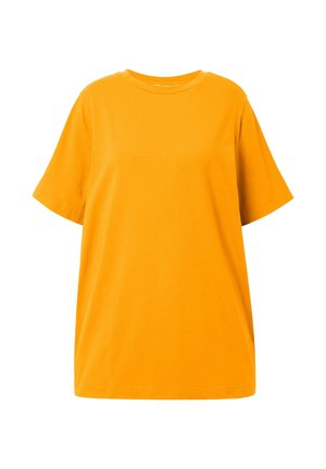 Solides, leuchtend orangenes Baumwoll-T-Shirt mit kurzen Ärmeln und rundem Halsausschnitt, auf weißem Hintergrund dargestellt.