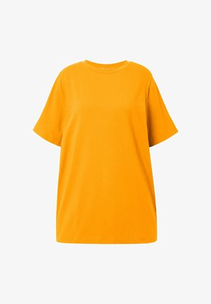 Solides, leuchtend orangenes Baumwoll-T-Shirt mit kurzen Ärmeln und rundem Halsausschnitt, auf weißem Hintergrund dargestellt.
