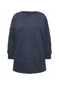 Felpa girocollo blu navy con maniche lunghe e dettagli a bottone lungo le maniche. Tessuto morbido con vestibilità ampia.