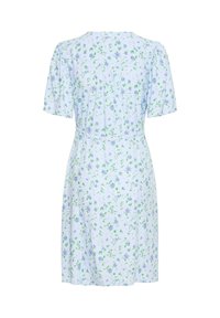 Robe bleu clair à manches courtes avec imprimé floral vert et violet, taille cintrée et ourlet au niveau des genoux, vue de dos.