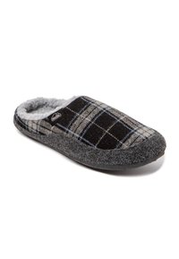 Pantufla de cuadros en negro, gris y azul, con un suave forro interior, puntera redondeada y suela texturizada gris para mayor agarre.