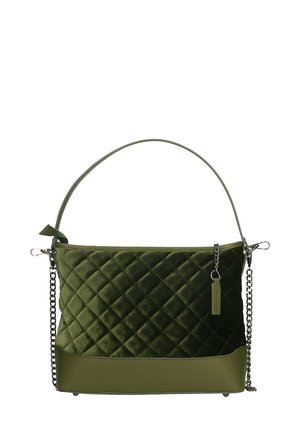 Borse in velluto verde trapuntato con tracolla a catena, dotata di una parte inferiore liscia e di una chiusura a zip superiore per un accesso sicuro.