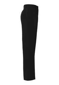 Zwarte pantalon met een rechte snit, soepele textuur en een klassieke tailleband. Twee zijzakken, geen zichtbare patronen of versieringen.