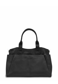 Sac fourre-tout en cuir noir avec deux poignées courtes, forme structurée, surface texturée et détails de couture visibles. Fermeture supérieure zippée.