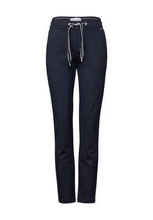 Navy sweatpants made of cotton with a drawstring waist, tapered legs, and a smooth texture. Features silver hardware accents.