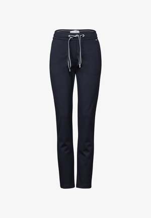 Navy sweatpants made of cotton with a drawstring waist, tapered legs, and a smooth texture. Features silver hardware accents.