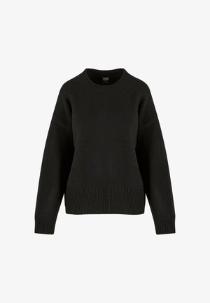 Maglione nero lavorato a maglia con scollatura rotonda, spalle basse e orlo a coste. Il tessuto ha una consistenza morbida e una vestibilità comoda.